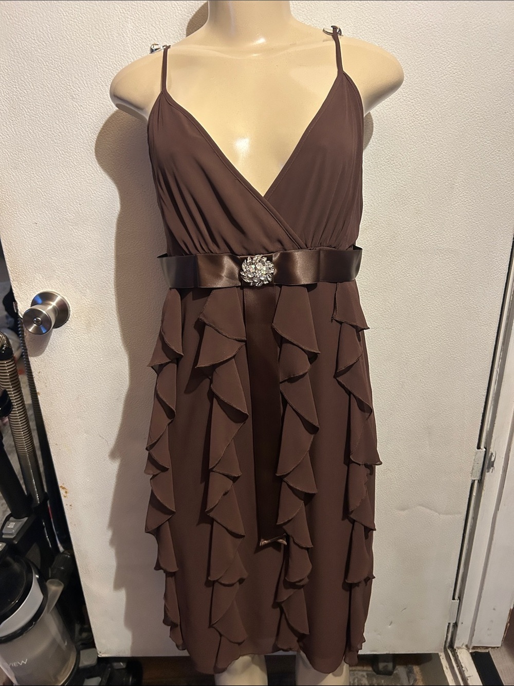dressbarn Brown Ruffle Midi Dress with Satin Belt